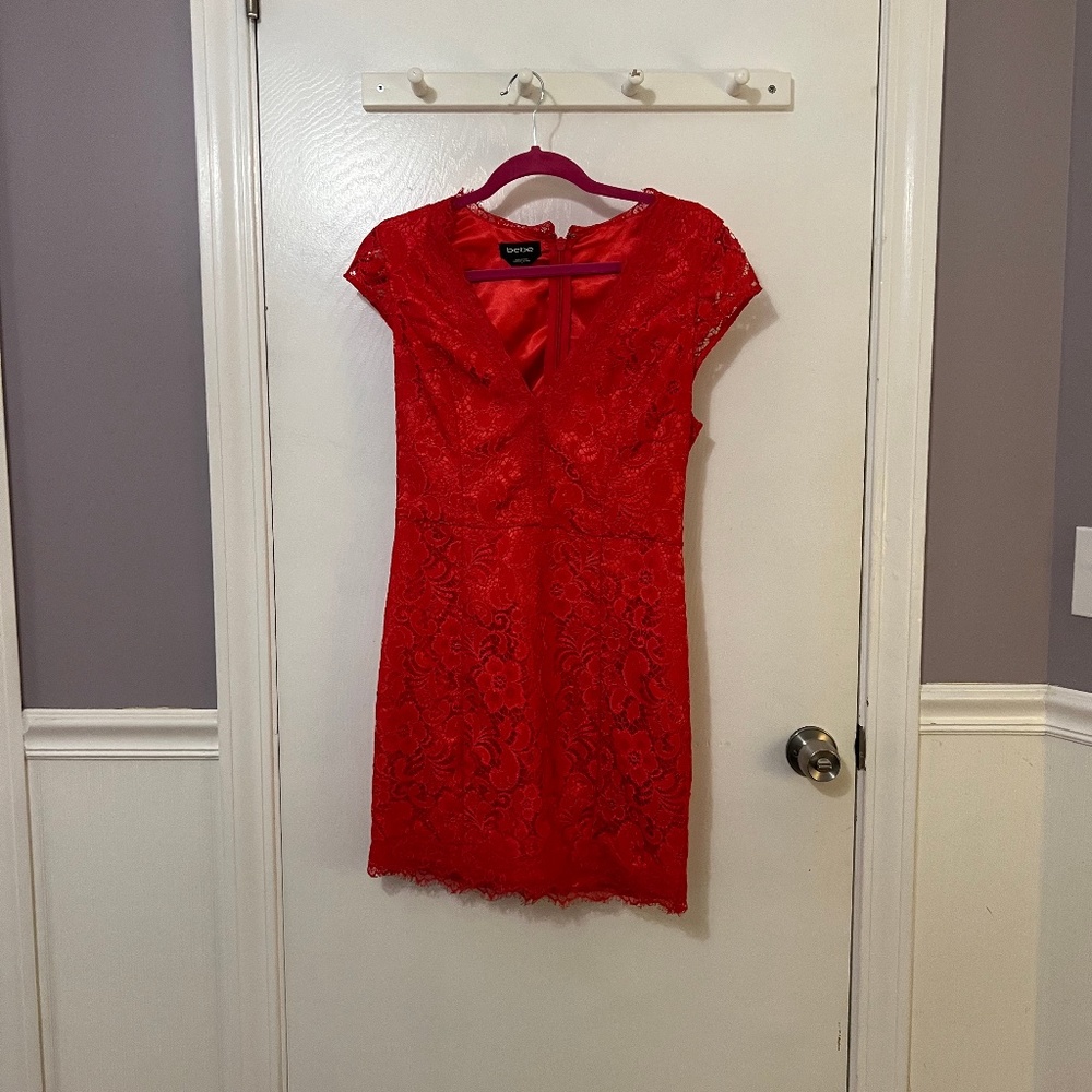 bebe red lace mini dress
